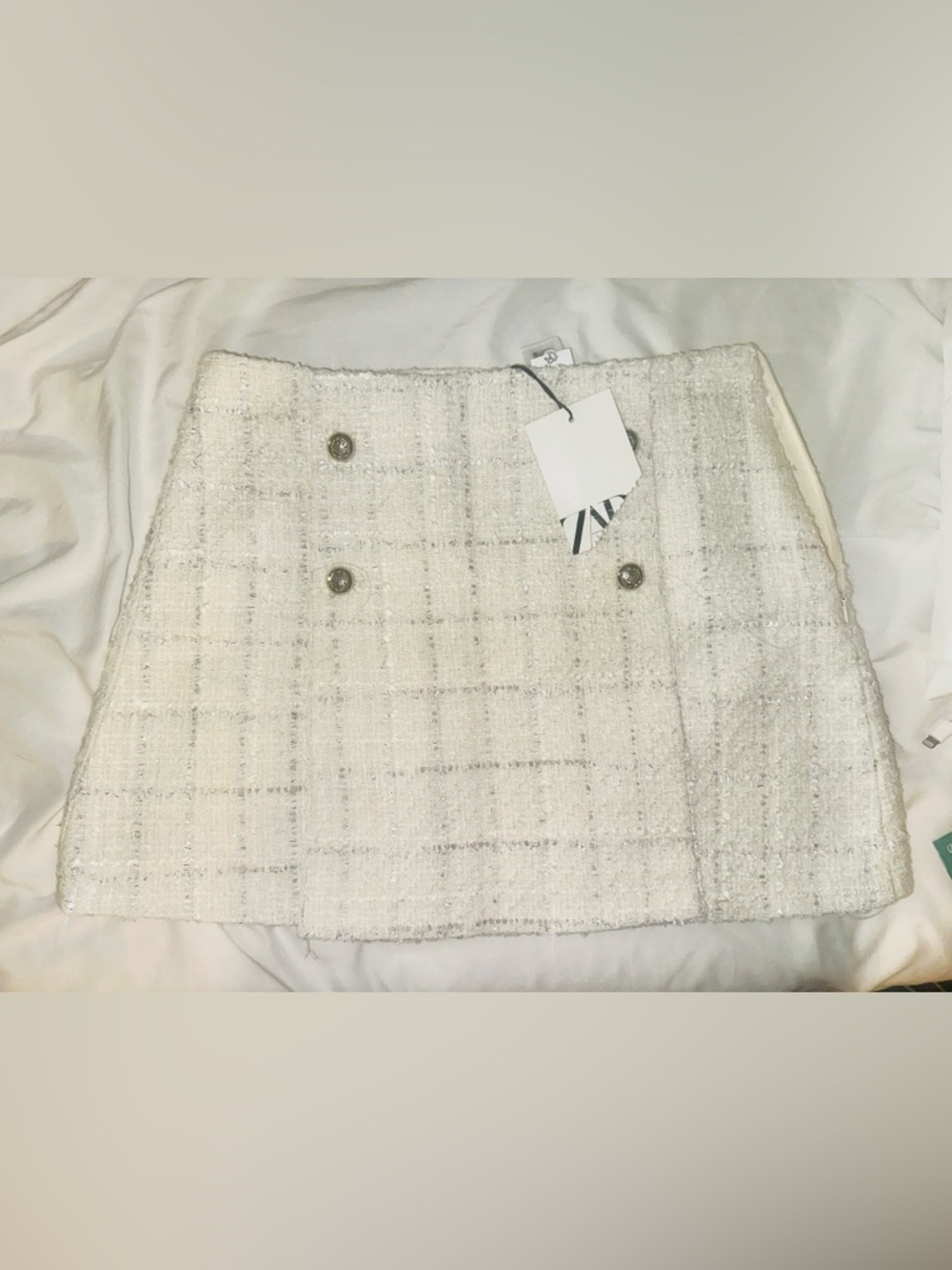 Zara Cream Tweed Mini Skirt with Button Detail